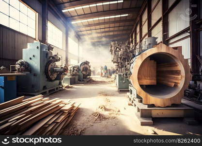 Woodworking sawmill production and processing of wooden boards in a modern industrial factory assembly line in production. Neural network AI generated art. Woodworking sawmill production and processing of wooden boards in a modern industrial factory assembly line in production. Neural network generated art