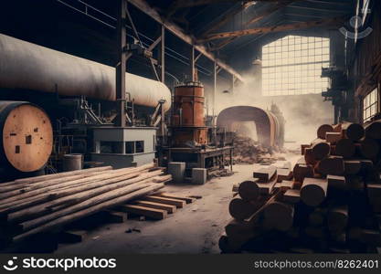 Woodworking sawmill production and processing of wooden boards in a modern industrial factory assembly line in production. Neural network AI generated art. Woodworking sawmill production and processing of wooden boards in a modern industrial factory assembly line in production. Neural network generated art