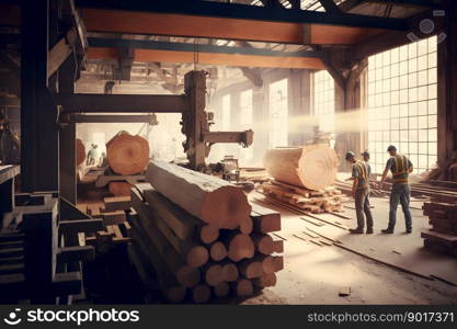 Woodworking sawmill production and processing of wooden boards in a modern industrial factory assembly line in production. Neural network AI generated art. Woodworking sawmill production and processing of wooden boards in a modern industrial factory assembly line in production. Neural network generated art