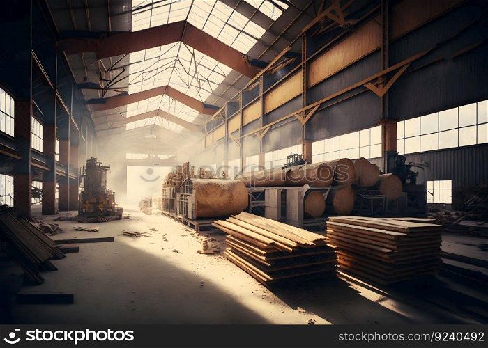 Woodworking sawmill production and processing of wooden boards in a modern industrial factory assembly line in production. Neural network AI generated art. Woodworking sawmill production and processing of wooden boards in a modern industrial factory assembly line in production. Neural network generated art