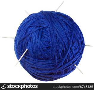Woolen clew ball with needles isolated on white background