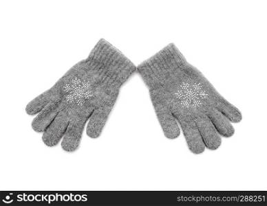 woolen grey gloves on a white background