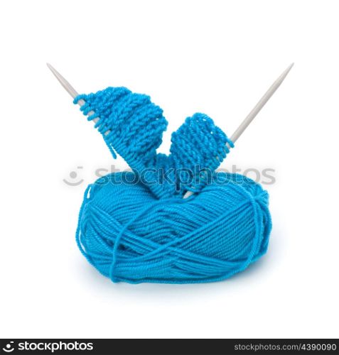 Woollen thread and knitting needle. Needlework accessories isolated on white background.