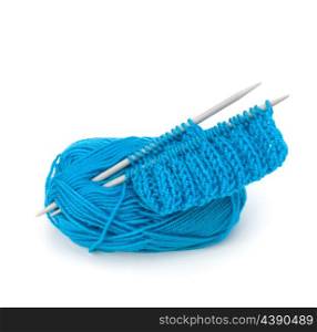 Woollen thread and knitting needle. Needlework accessories isolated on white background.