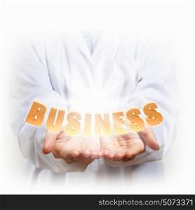 Word business. Business word and two hands for business concept, illustration
