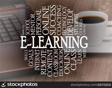 Word cloud e-learning concept with a e-learning background