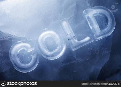"Word "COLD" made with real ice letters on ice."