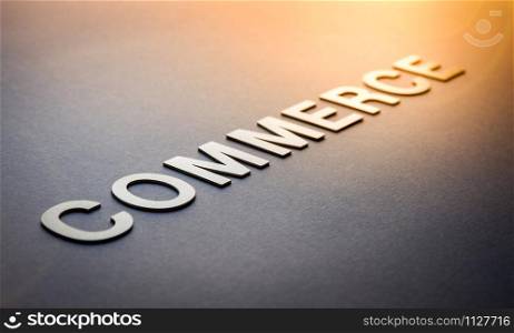 Word commerce written with white solid letters on a board. Word commerce written with white solid letters