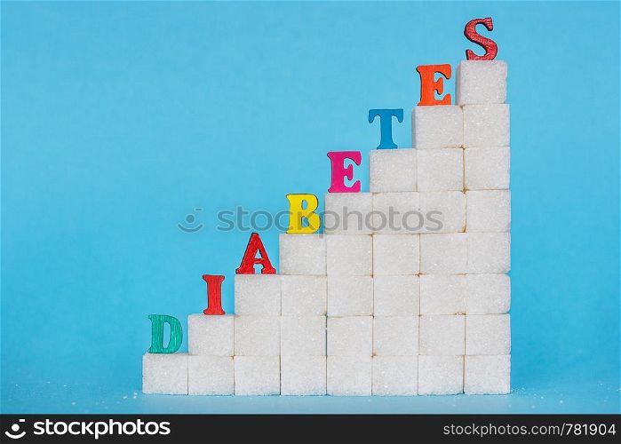 Word diabetes on ladder refined sugar, blue background. ?oncept much sugar leads to increased blood sugar levels and diabetes mellitus