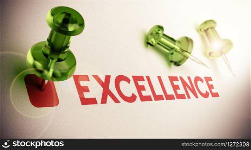 Word Excellence with a green pushpin, light effect and focus on the main thumbtack, paper background. concept of excelling. Achieving Excellence