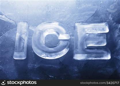 Word ICE made with real ice letters on ice.
