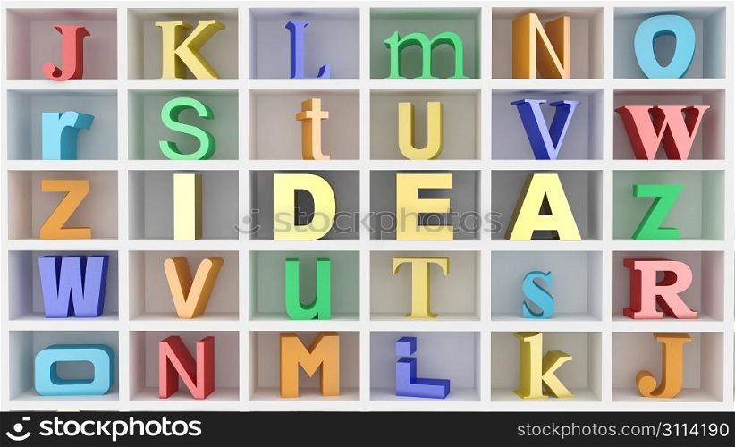 Word idea and letters on white isolated background. 3d