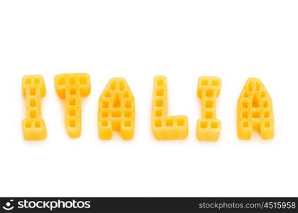 Word Italia written with pasta shapes on white
