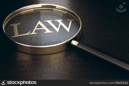 Word law written in golden letters over black background and magnifying glass. 3d illustration.. Legal aid services. Law concept.