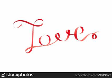 Word love made of red ribbon,isolated on white