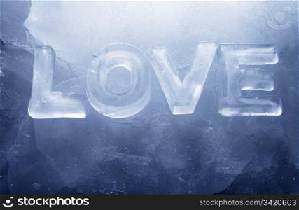 "Word "LOVE" made with real ice letters on ice."