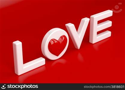 Word love with red heart on shiny red background