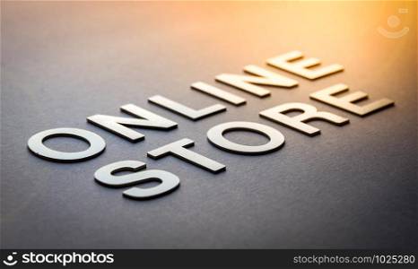 Word online store written with white solid letters on a board. Word online store written with white solid letters