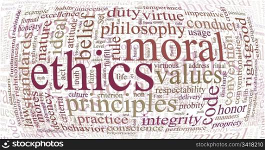 word or tag cloud of ethics morals and values words