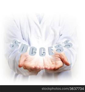 Word success illustration and two human hands