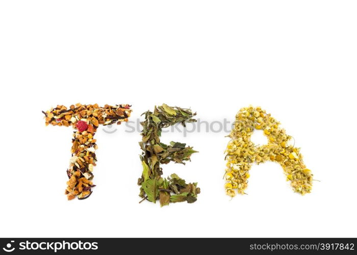 Word tea made of different tea species isolated on white background