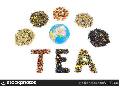 Word TEA with globe and various heaps of tea species isolated on white background