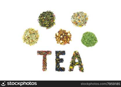 Word TEA with letters made of different tea species isolated on white background