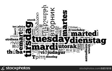 Word Tuesday in different languages word cloud concept in heart shape