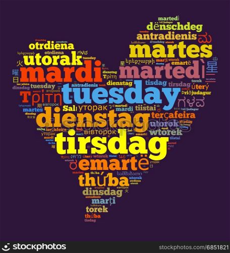 Word Tuesday in different languages word cloud concept in heart shape