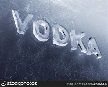 Word Vodka written with real ice letters.
