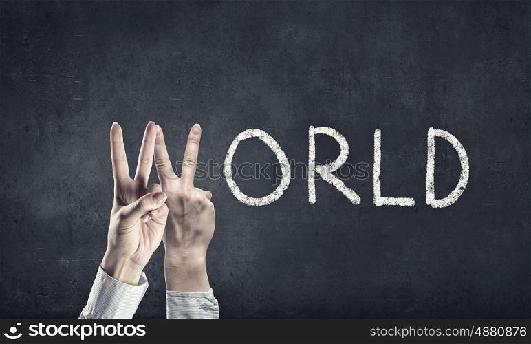 Word world. Word world with fingers instead of letter W