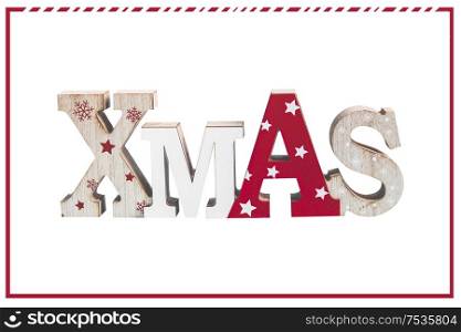 Word Xmas, isolated on white background with red frame. Christmas greeting card