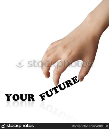 Word your future written on white background, hand moving word future