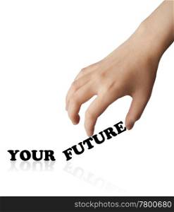 Word your future written on white background, hand moving word future