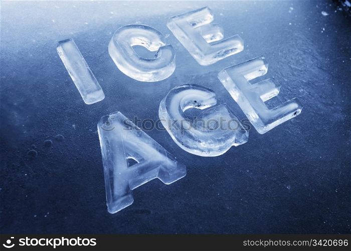 "Words "Ice Age made of real ice letters on ice background."