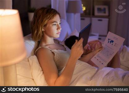 work, deadline and people concept - woman with tablet computer and papers working in bed at night. woman with tablet computer working in bed at night