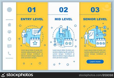 Work experience onboarding mobile web pages vector template. Position, status. Responsive smartphone website interface idea with linear illustrations. Webpage walkthrough step screens. Color concept