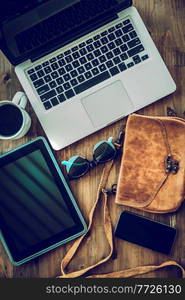 Work from Home. Still Life of an Office Items. Table of a Business Woman. Work Place with Laptop, Phone and Coffee. Stylish Women Accessories.. Home Work Place