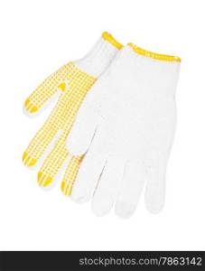 Work gloves made of cotton fabric with rubber coating isolated on white background.