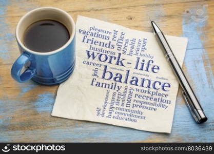 work life balance word cloud - handwriting on a napkin with a cup of coffee