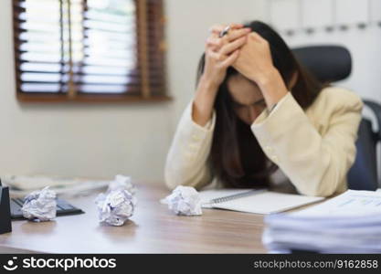 Work of secretary concept, Female secretary feeling stressed and headache with big mistake of work.