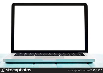 Work on the go. Modern laptop computer on blue wooden table against white background