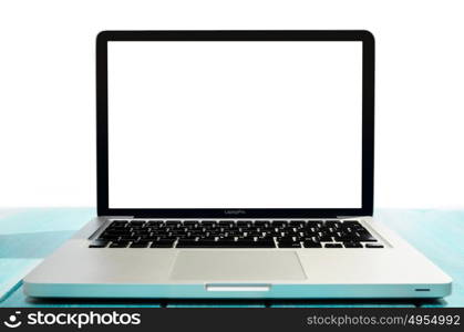 Work on the go. Modern laptop computer on blue wooden table against white background