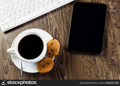 Work place. Business work place with cup of coffee calculator and glasses