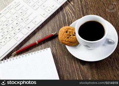 Work place. Business work place with cup of coffee calculator and glasses