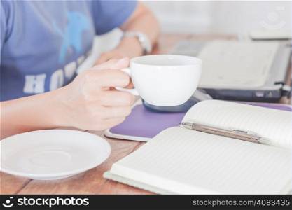 Work station in coffee shop, stock photo