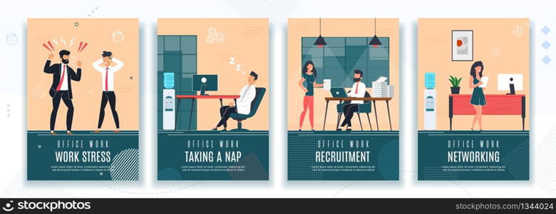 Work Stress, Taking Nap, Recruitment, Networking Poster Set. Break Time, HR, Failure Deadline. Woman on Job Interview, Angry Boss Yelling at Employee, Staff Rest, Chatting Media. Vector Illustration. Work Stress, HR, Rest at Work Office Poster Set
