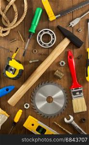 work tools and instruments on wood. work tools and instruments on wooden background