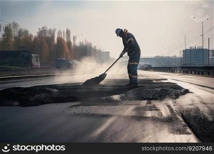 worker applying fresh layer of hot asphalt to road surface, created with generative ai. worker applying fresh layer of hot asphalt to road surface