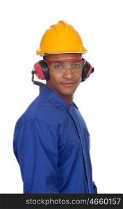 Worker construction with glasses and helmet isolated on a white background